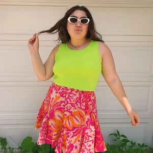 Vintage Y2K Focus 2000‎ Linen Skirt Womens 6 Pink Orange Floral Print Retro